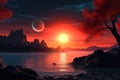 exoplanet with two suns setting in a vibrant sky Royalty Free Stock Photo