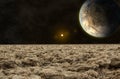 Exoplanet viewed from the rocky surface of its moon