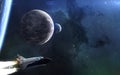 Exoplanets, space shuttle on background of beautiful scenery space. Deep space in blue light. Science fiction art Royalty Free Stock Photo