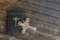 Exorcism book on wooden floor Royalty Free Stock Photo