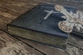 Exorcism book on wooden floor