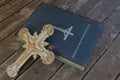 Exorcism book on wooden floor
