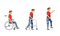 Exoskeleton rehabilitation. Evolution of disabled man. Character on wheelchair, stay with crutches, walking with exosuit. Vector Royalty Free Stock Photo