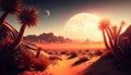 Exotic alien planet with warm tropical climate and orange sunlight. Generative AI