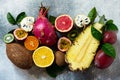 Exotic asia fruit background. Assorted ripe juicy tropical summer seasonal fruits Royalty Free Stock Photo