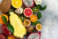 Exotic asia fruit background. Assorted ripe juicy tropical summer seasonal fruits Royalty Free Stock Photo