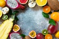 Exotic asia fruit background. Assorted ripe juicy tropical summer seasonal fruits Royalty Free Stock Photo