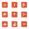 Exotic asia icons set, grunge style