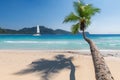 Exotic sunny beach with coconut palms and a sailing boat in the turquoise sea on Paradise island. Royalty Free Stock Photo