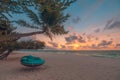 Exotic beach sunset landscape with beach swing, romantic couple destination scenic Royalty Free Stock Photo