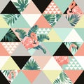 Exotic beach trendy seamless pattern, patchwork illustrated floral tropical banana leaves. Jungle pink flamingos Wallpaper