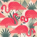 Exotic beach trendy seamless pattern, patchwork illustrated floral vector tropical banana leaves. Jungle pink flamingos Royalty Free Stock Photo