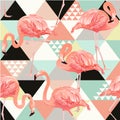 Exotic beach trendy seamless pattern, patchwork illustrated floral vector tropical banana leaves. Jungle pink flamingos Royalty Free Stock Photo