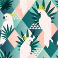 Exotic beach trendy seamless pattern, patchwork illustrated floral vector tropical leaves. Jungle cockatoo. Wallpaper