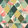 Exotic beach trendy seamless pattern patchwork illustrated floral vector tropical leaves. Jungle pink flamingos print Royalty Free Stock Photo
