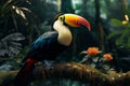 Exotic beauty Toucan sitting on a jungle branch, colorful feathers Royalty Free Stock Photo