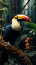 Exotic beauty Toucan sitting on a jungle branch, colorful feathers