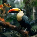 Exotic beauty Toucan sitting on a jungle branch, colorful feathers Royalty Free Stock Photo