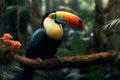 Exotic beauty Toucan sitting on a jungle branch, colorful feathers