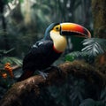 Exotic beauty Toucan sitting on a jungle branch, colorful feathers