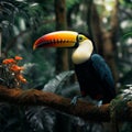 Exotic beauty Toucan sitting on a jungle branch, colorful feathers Royalty Free Stock Photo