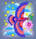 Exotic bird flying at night sky for baby book. Fantasy illustration for kids. Cover for children fairy tale.