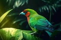 Exotic bird in tropical forest, bright animal in jungle close-up, generative AI