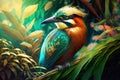 Exotic bird in tropical forest, bright animal in jungle close-up, generative AI
