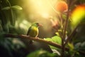 Exotic bird in tropical forest, bright animal in jungle close-up, generative AI