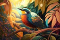 Exotic bird in tropical forest, bright animal in jungle close-up, generative AI