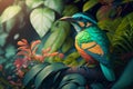 Exotic bird in tropical forest, bright animal in jungle close-up, generative AI