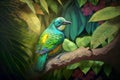 Exotic bird in tropical forest, bright animal in jungle close-up, generative AI