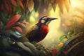 Exotic bird in tropical forest, bright animal in jungle close-up, generative AI