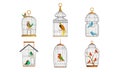 Exotic Birds in Iron Cages Collection, Cute Colorful Birdies Vector Illustration on White Background Royalty Free Stock Photo