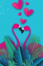 Exotic birds love. Flamingo couple. Beautiful Pink bird. Tropical Jungle. Palm leaves. Love with paper cut hearts Royalty Free Stock Photo