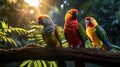Exotic Birds in Vibrant Rainforest: Scarlet Macaw, Golden Pheasant, Rainbow Lorikeet Royalty Free Stock Photo