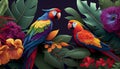 Exotic Bliss: A Colorful Painting of Parrots and Vibrant Tropical Flowers. Generative Ai Royalty Free Stock Photo