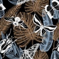 Exotic blue jungle seamless pattern with tropical insects. Trendy paradise beach backdrop