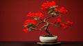 Exotic Bonsai Tree With Red Flowers - Classic Still Life Composition