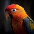 Exotic, brightly colored parrot isolated on a dark backdrop. Ai-generated.