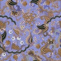 Exotic buta floral ornament in beoge and blue tones. Square seamless pattern in ethnic style. Persian, indian, chinese motives