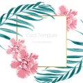 Exotic camelia flowers and green tropical jungle palm tree leaves. Border frame card banner flyer template. Royalty Free Stock Photo