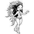 Exotic carnival dancer woman in a festival costume. Brazilian samba dancer. Vector black and white coloring page