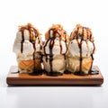 Exotic Carved Wood Block Ice Cream Sundaes With Chocolate Topping