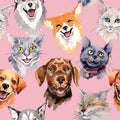 Exotic cat and dog wild animal pattern in a watercolor style. Royalty Free Stock Photo