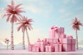 Exotic Celebrations: Under the palm trees, New Year and Christmas gifts symbolize exotic holiday celebrations in warm Royalty Free Stock Photo