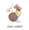 Exotic cocktail coconut pineapple drink. Sketch