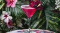 Exotic Cocktail with Hibiscus Garnish in Tropical Setting