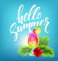 Exotic cocktail and summer greeting on the tropical beach. Vector illustration