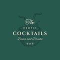 Exotic Cocktails Abstract Vector Sign, Symbol or Logo Template. Elegant Hand Drawn Coconut Half with Drinking Pipes Royalty Free Stock Photo